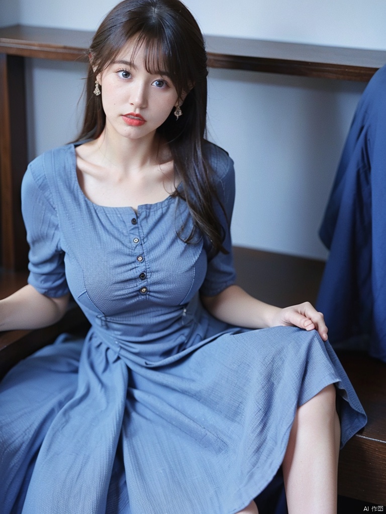1, 1girl, solo, long hair, dress, brown hair, looking at viewer, brown eyes, realistic, lips, (blue dress:2), striped, big breasts,