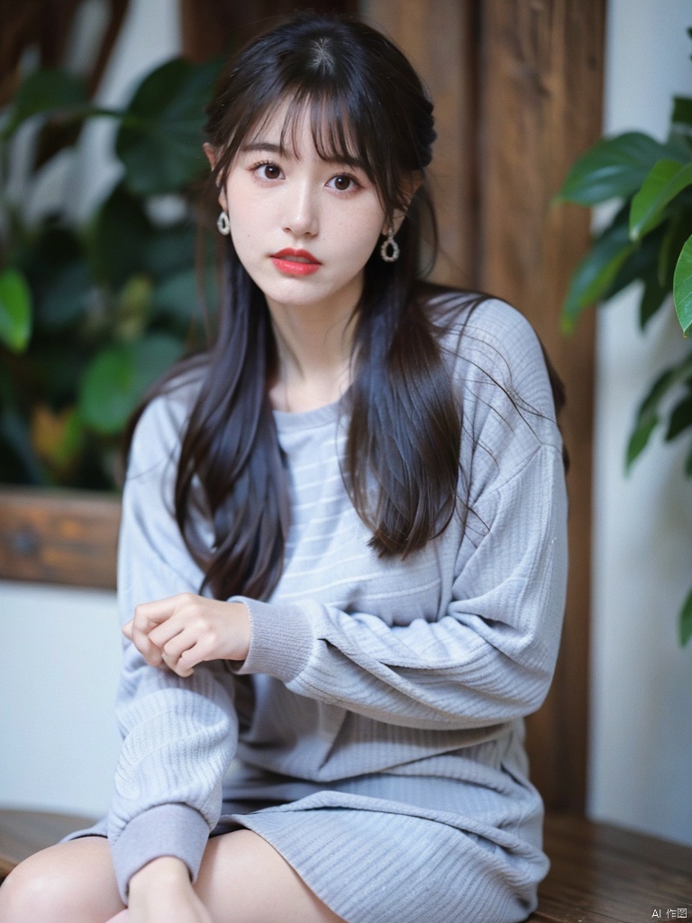 1, 1girl, solo, long hair, dress, brown hair, looking at viewer, brown eyes, realistic, lips, blue dress, striped, 