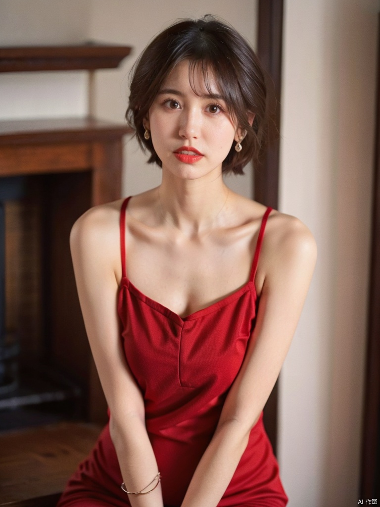  1, 1girl, short hair, brown hair, solo, dress, brown eyes, looking at viewer, holding, red dress, parted lips, bare shoulders, indoors, lips, upper body, sleeveless