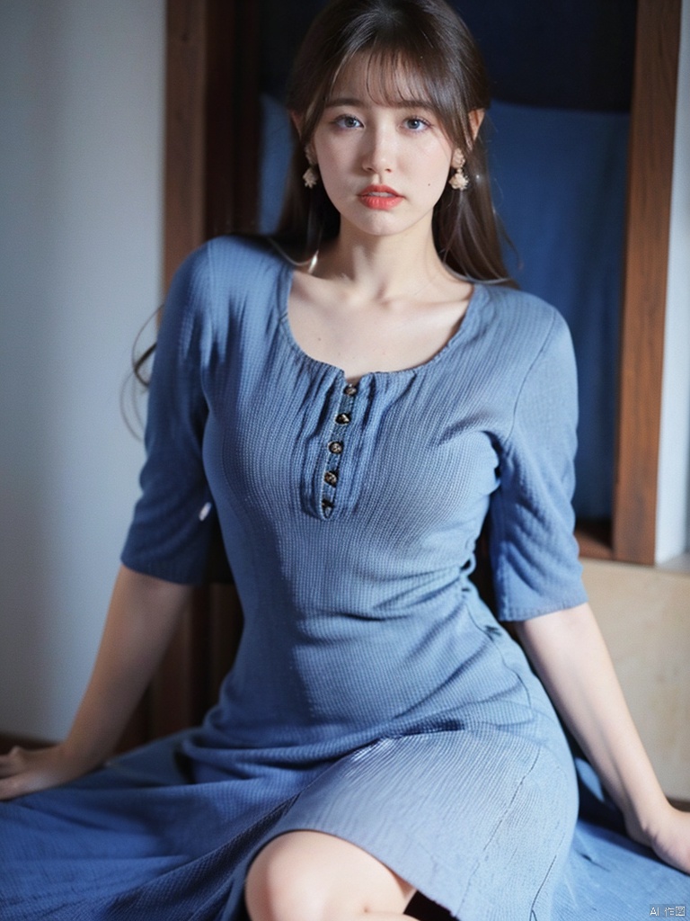 1, 1girl, solo, long hair, dress, brown hair, looking at viewer, brown eyes, realistic, lips, (blue dress:2), striped, big breasts,