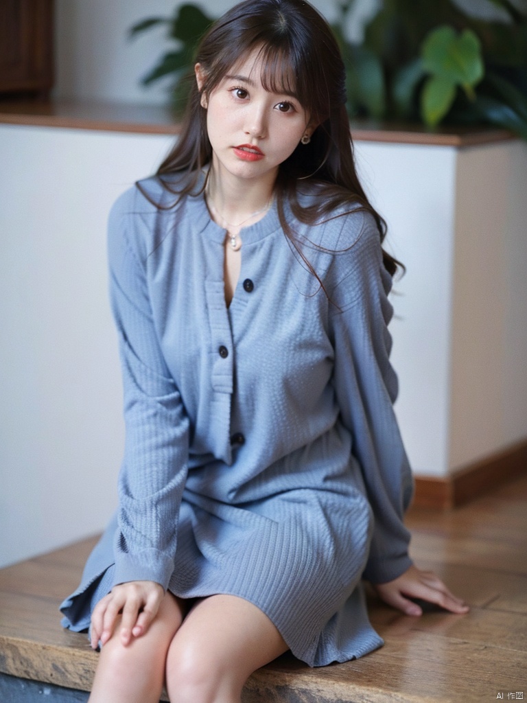 1, 1girl, solo, long hair, dress, brown hair, looking at viewer, brown eyes, realistic, lips, blue dress, striped, 