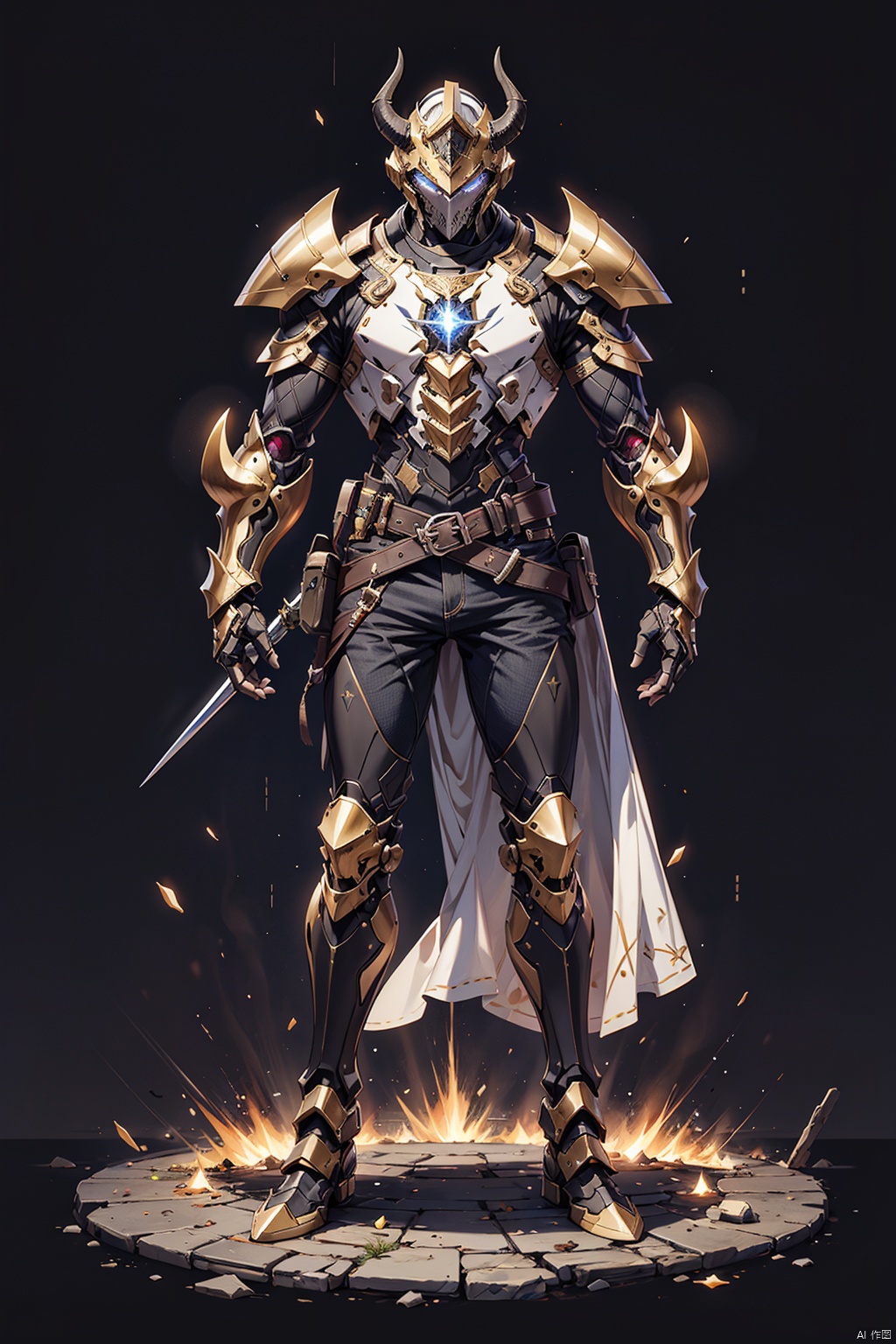  Masterpiece, high-quality, solo, 1boy, standing, full body, male focus, horns, belt, armor, glowing, helmet, shoulder armor, gauntlets, glowing eyes, pauldrons