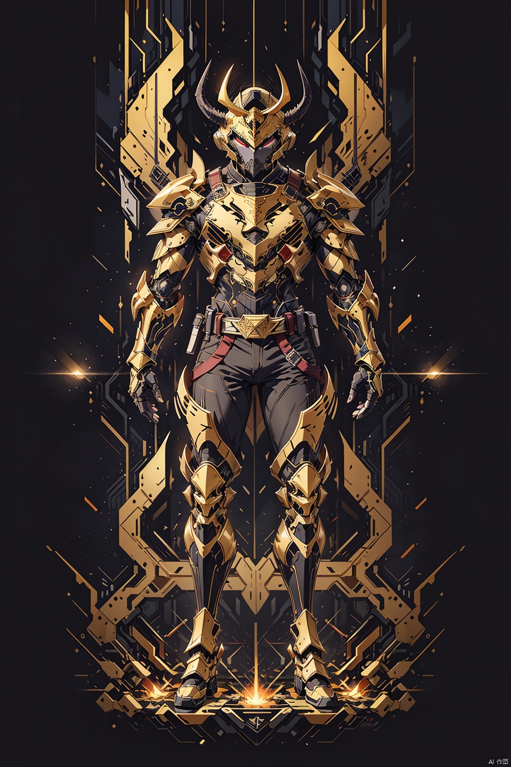  Masterpiece, high-quality, solo, 1boy, standing, full body, male focus, horns, belt, armor, glowing, helmet, shoulder armor, gauntlets, glowing eyes, pauldrons