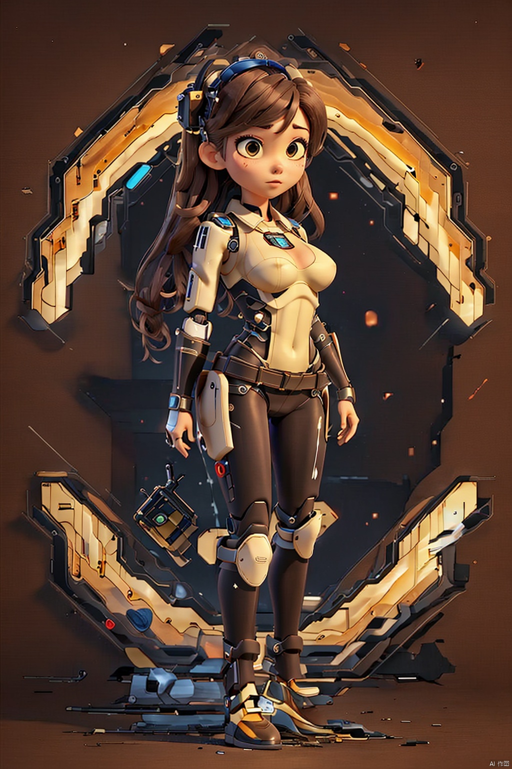  Masterpiece, high-quality,1girl, solo, long hair, breasts, looking at viewer, brown hair, holding, standing, full body, weapon, armor, gun, bodysuit, robot, walking, science fiction,迪士尼