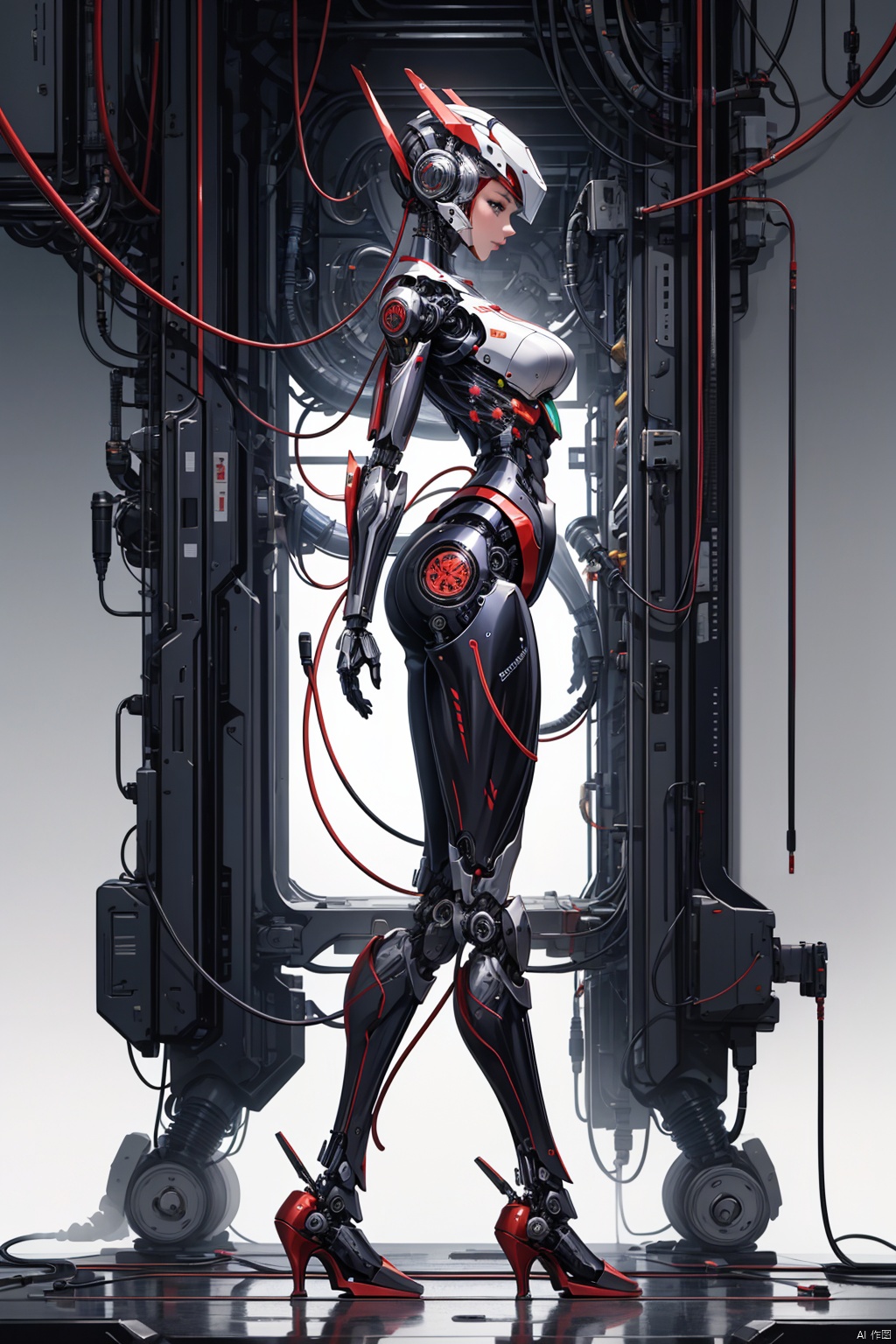  Masterpiece, high-quality, 1girl, solo, breasts, standing, full body,((from side)), no humans, robot, smoke, science fiction, android, joints, cable, robot joints, mechanical parts, wire, humanoid robot, tube