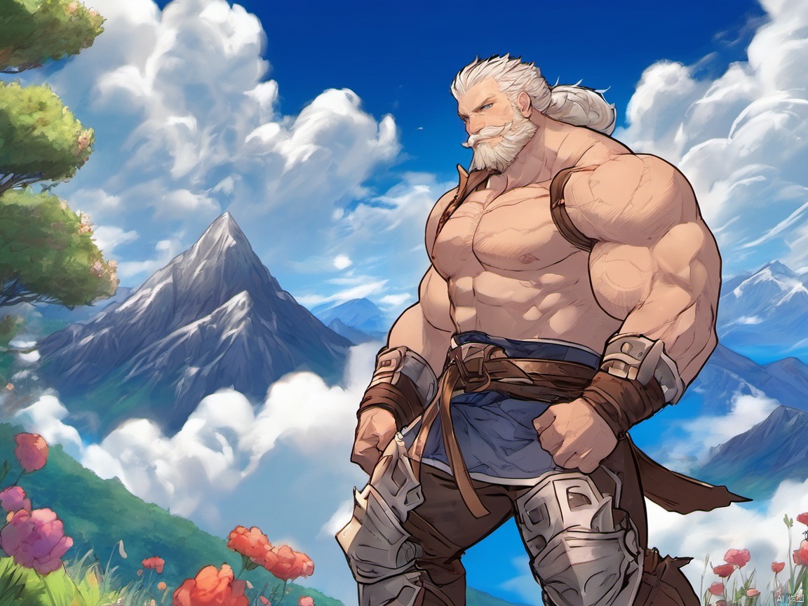 detailed background, muscular male,  bara,  facial_hair, sky, clouds,(full_body:1.4),soriz, huggymale, stand on a grasspand, clouds, trees, flowers, mountains,blue lighting around, wind, 