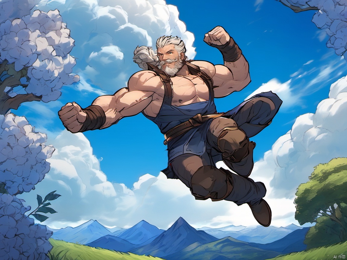 detailed background, muscular male,male focus, a man floating in the air, bara,  facial_hair, (full_body:1.4),soriz, huggymale, on a grasspand, clouds, trees, flowers, mountains, (blue lighting arounds:1.4), wind, dark sky, 