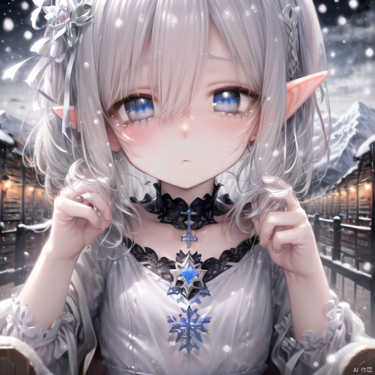 黛蕾特(elf,loli,white_gothic),(sitting in chair,fence, library),white lolita fashion,mountain(delicate face,grey eyes,white eyes),mountain,loli,kawaii,silver hair, loli, kawaii, cute_face, Lolita,(oil painting \(medium\):1.0), (delicate face), Neck ornament, (fairy tale and dreamy:1.5), ((collar, extremely detailed face and eyes, extremely beautiful and delicate face and eyes, wallpaper, extremely detailed face and eyes, fluttered detailed splashes, extremely detailed CG unity 8k wallpaper, amazing, highly detailed, loli)), (best illustration), (expressionless), ((an extremely delicate and beautiful)),loli,(library),(beautiful eyes), lack of light, dynamic angle, classic, (detailed light, loli,kawaii),(oil painting \(medium\):1.2),(mountain), (snow), white_gothic, (beautiful detailed eyes), (grey and empty eyes), pale, floating hair, silver hair, silver hair, short hair{small breats}, (oil painting \(medium\):1.3), wet clothes, ((loli, kawaii, small breasts, snowing))lolicollar, snowflake hair ornament, ((loli, small breasts, silver hair, shining hair, loli)), white gothic,delicate face,face close-up,bestquality((Highest clarity,delicate face,kawaii,mountain,library,fence)), ice, mountain, kawaii, little girl, silver hair, shiny hair, elf, wet, (heavy snowing, mountain), kawaii, beautiful eyes, (loli, light blue hair), commander, circuit board,short hair, kawaii, shy, cute face, beautiful detailed eyes, stare, blush, tears, (extremely detailed CG unity 8k wallpaper), ((((extremely detailed face and eyes, extremely beautiful and delicate face and eyes, wallpaper, extremely detailed face and eyes, fluttered detailed surroundings, extremely detailed CG unity 8k wallpaper, amazing, highly detailed)), (best illustration), (best shadow), ((an extremely delicate and beautiful)),((masterpiece,best quality)),(extremely detailed CG unity 8k wallpaper),(((extremely detailed face and eyes,extremely beautiful and delicate face and eyes,wallpaper, extremely detailed face and eyes,fluttered detailed surroundings,extremely detailed CG unity 8k wallpaper,amazing,highly detailed,)),(delicate face,High definition image quality),(grey eyes,loli,kawaii,snow mountain),(pale skin),(fence,kawaii,mountain)(upper bod,loli,expressionless,upper body,small breasts,sitting in chair),snow mountain, fence ,delicate face<lora:EMS-302507-EMS:0.400000>, <lora:EMS-302518-EMS:0.400000>, <lora:EMS-309992-EMS:0.400000>