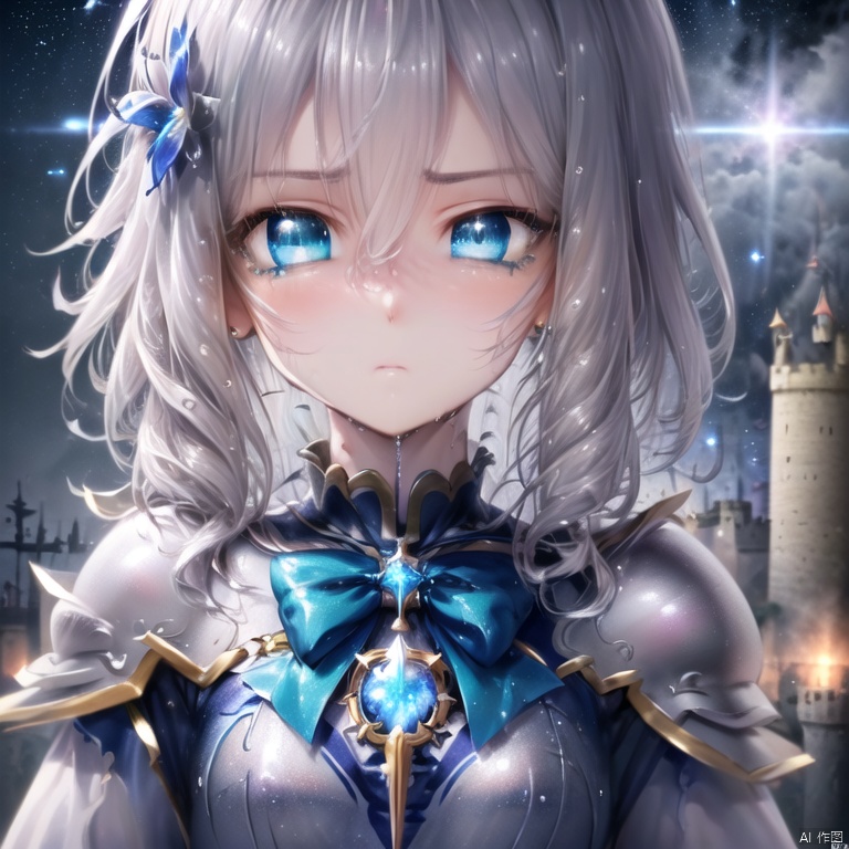 莉雅丝Magical Girl, solo, Cool Blue Magic Light, School Uniform, (wet hair, hair down, medium breasts)((kawaii, delicate)), (serious)((delicate face, kawaii, bishoujo, ((aqua eyes, delicate face))aqua eyes, castle, night, Silver armor))(castle)delicate face, Shy, serious, Small Breast, medium hair, silver hair, ((medium breasts, bowtie, blue uniform, x hair ornament, Blue armor)), (medium breasts, serious), (oil painting \(medium\):1.2), ((Blue magic circle, hair flower))hair between eyes, Curly Hair, Magic Wand, Magic Halo, ((Silver armor)), Magic Formation, Stars, Exquisite blue colorful magic light effect, cool blue light and particles, (light blush, white eyebrows, tsurime, serious), (aqua eyes, glowing eyes, sparkling eyes, blue eyeshadow), exquisite blue lightning, (Blue square Magic Light)(extremely detailed CG unity 8k wallpaper), (((extremely detailed face and eyes, extremely beautiful and delicate face and eyes, wallpaper, extremely detailed face and eyes, fluttered detailed surroundings, extremely detailed CG unity 8k wallpaper, amazing, highly detailed, )), (best illustration), (best shadow), ((an extremely delicate and beautiful)), ((medium hairs, wet hairs, kkawaii, bishoujo, castle, Blue gemstone pendant, silver hairs))(extremely detailed CG unity 8k wallpaper), (serious), Exquisite blue colorful magic light effect, cool blue light and particles, exquisite blue lightning, (((extremely detailed face and eyes, extremely beautiful and delicate face and eyes, wallpaper, extremely detailed face and eyes, fluttered detailed surroundings, extremely detailed CG unity 8k wallpaper, amazing, highly detailed, )), (best illustration), (best shadow), ((Silver armor,an extremely delicate and beautiful)), (The highest definition and image quality),closed_mouth<lora:EMS-302518-EMS:0.400000>, <lora:EMS-309992-EMS:0.400000>, <lora:EMS-302507-EMS:0.400000>