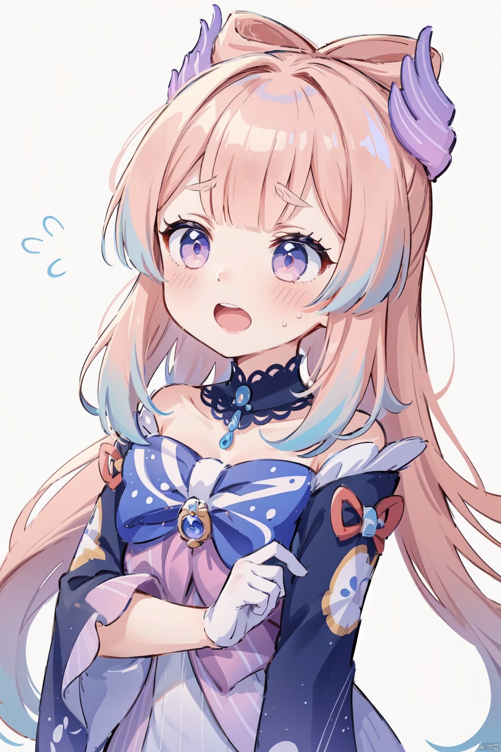sparkling coralbone, 1girl, sangonomiya kokomi, solo, open mouth, flying sweatdrops, simple background, blush, white background, gloves, bow, sleeves