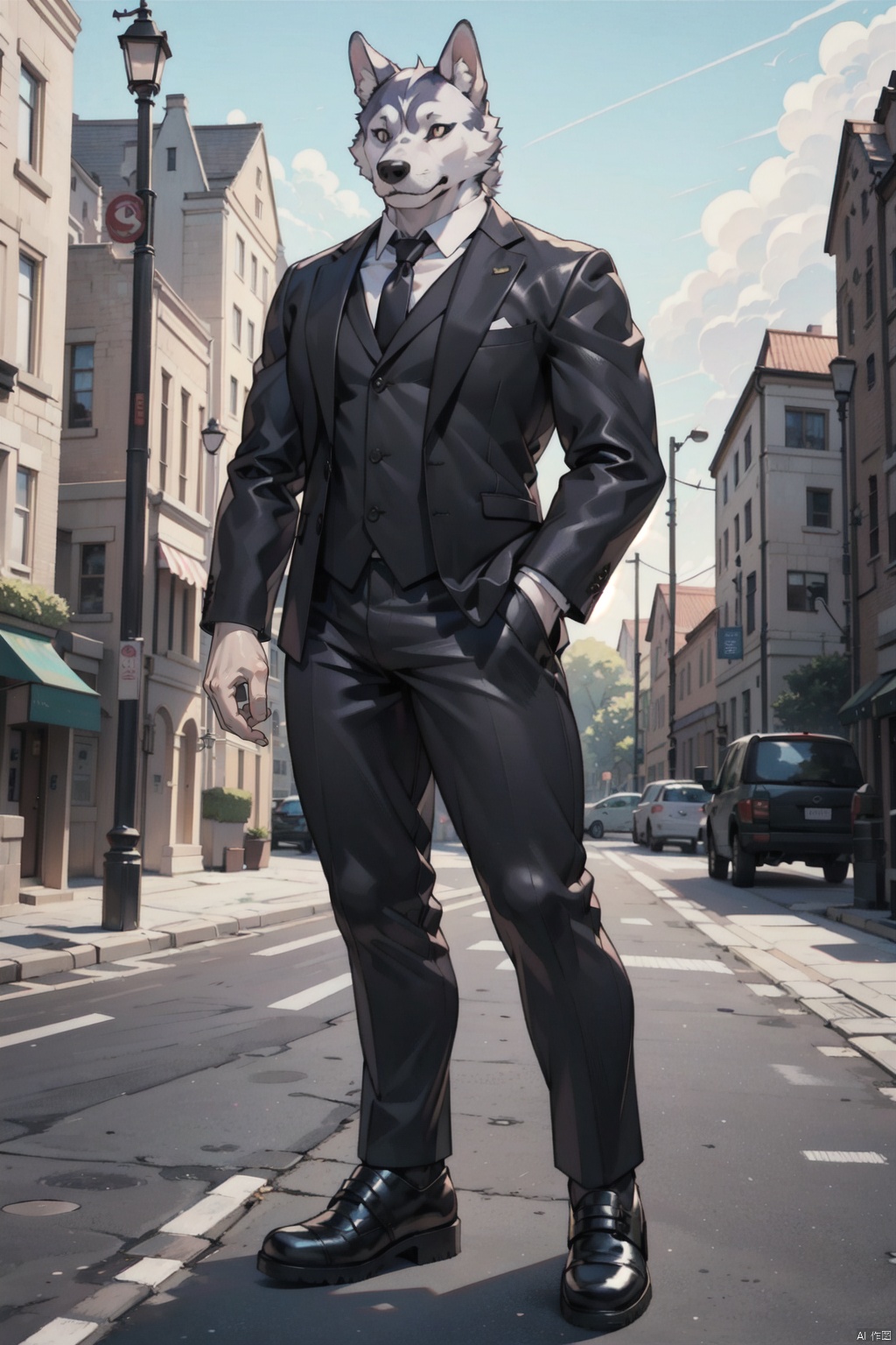  A mature side husky in his 30s, husky dog, 1 dog,dressed in a suit, standing in the square, black leather shoes, strong arms and thighs, complete hands, (slender height), dongwuxizhuang,Full hands,