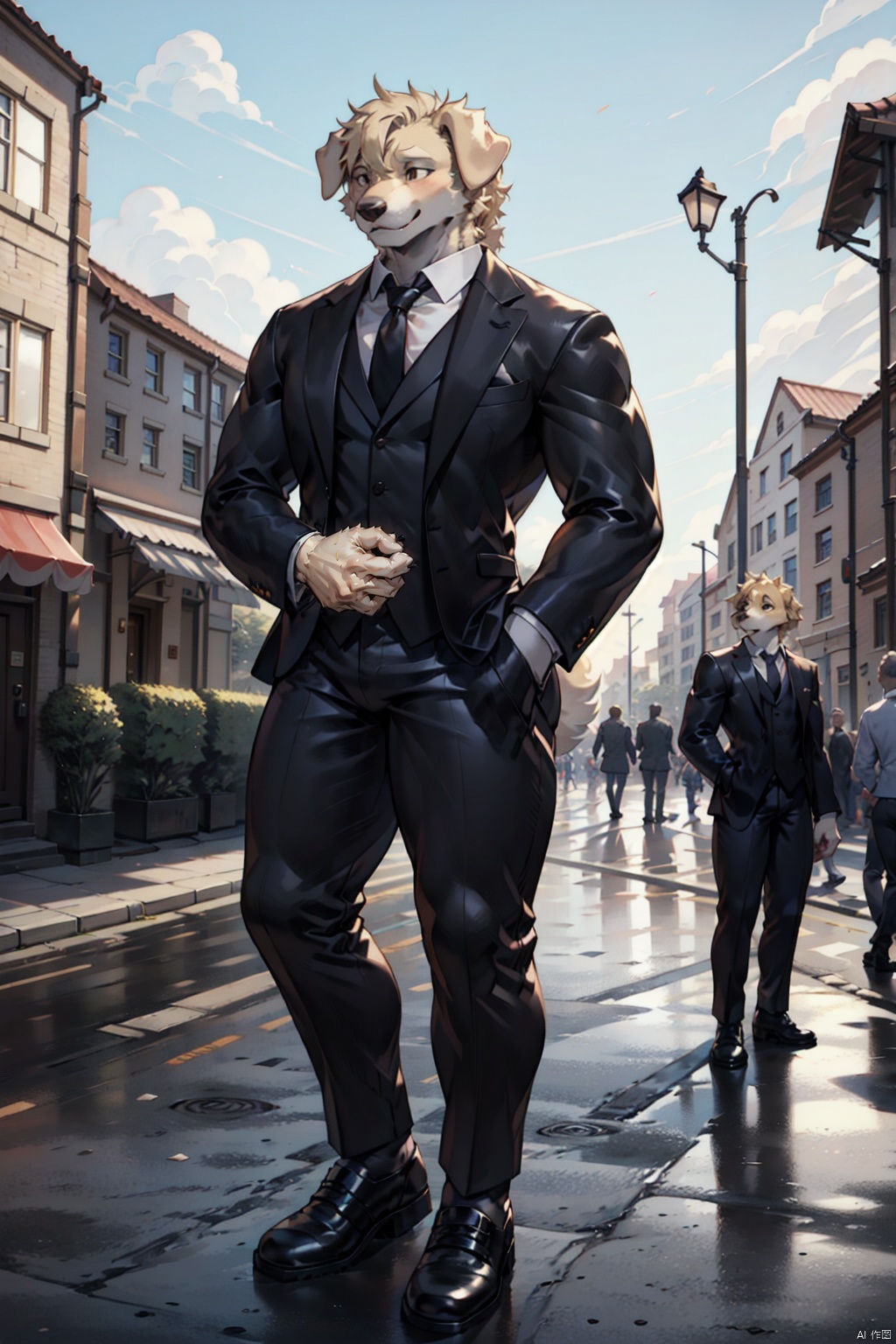  A mature side Golden Retriever in his 30s, Golden Retriever dog, 1 dog,dressed in a suit, standing in the square, black leather shoes, strong arms and thighs, complete hands, (slender height), dongwuxizhuang,hands,Full hand, hand101,