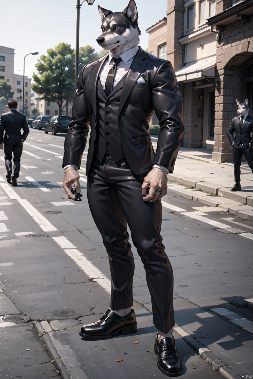  A mature side husky in his 30s, husky dog, 1 dog,dressed in a suit, standing in the square, black leather shoes, strong arms and thighs, complete hands, (slender height), dongwuxizhuang,Full hands, , furry,