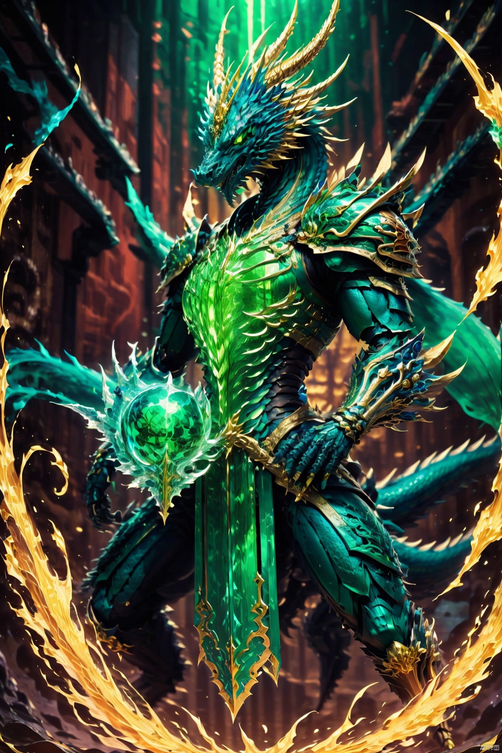 (masterpiece, best quality:1.2), Jade Dragon Warrior,red background（（（masterpiece）））, （（best quality））, （（intricate details））（8k）,玉石龙战士
