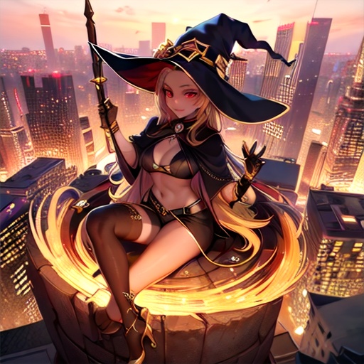 Red eyes, evil, golden, shiny, gold hair,High detailed ,midjourney,perfecteyes,Color magic,urban techwear,hmochako,better witch,witch, witch,Long hair ,long hair