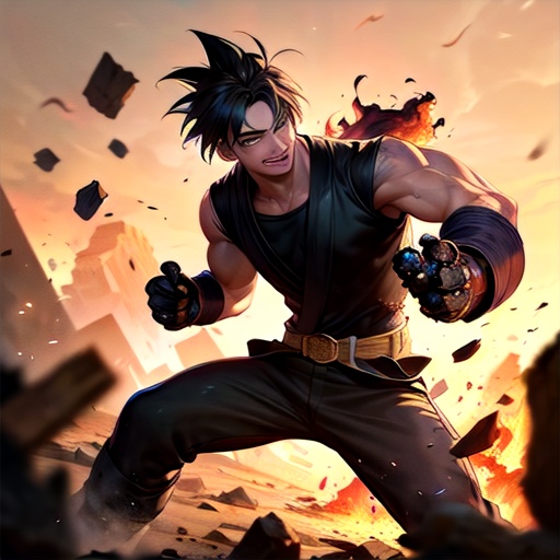 ((masterpiece, best quality)),(complex light),absurdres, highres, 1boy,solo,fighting stance, goku black,black hair,black eyes,blue fire destroyed debris background,smirk