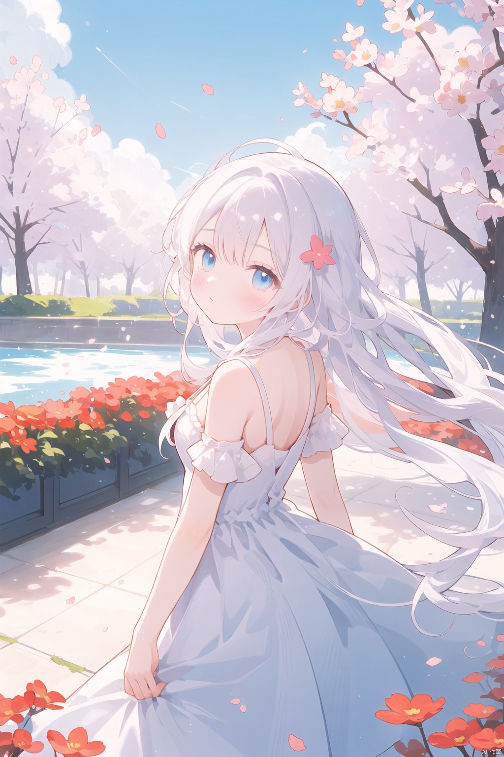  The image features a beautiful anime girl dressed in a flowing white and red dress, standing amidst a flurry of red cherry blossoms. The contrast between her white dress and the red flowers creates a striking visual effect. The lighting in the image is well-balanced, casting a warm glow on the girl and the surrounding flowers. The colors are vibrant and vivid, with the red cherry blossoms standing out against the white sky. The overall style of the image is dreamy and romantic, perfect for a piece of anime artwork. The quality of the image is excellent, with clear details and sharp focus. The girl's dress and the flowers are well-defined, and the background is evenly lit, without any harsh shadows or glare. From a technical standpoint, the image is well-composed, with the girl standing in the center of the frame, surrounded by the blossoms. The use of negative space in the background helps to draw the viewer's attention to the girl and the flowers. The cherry blossoms, often associated with transience and beauty, further reinforce this theme. The girl, lost in her thoughts, seems to be contemplating the fleeting nature of beauty and the passage of time. Overall, this is an impressive image that showcases the photographer's skill in capturing the essence of a scene, as well as their ability to create a compelling narrative through their art.catgirl,loli,catgirl,white hair,blue eyes,
