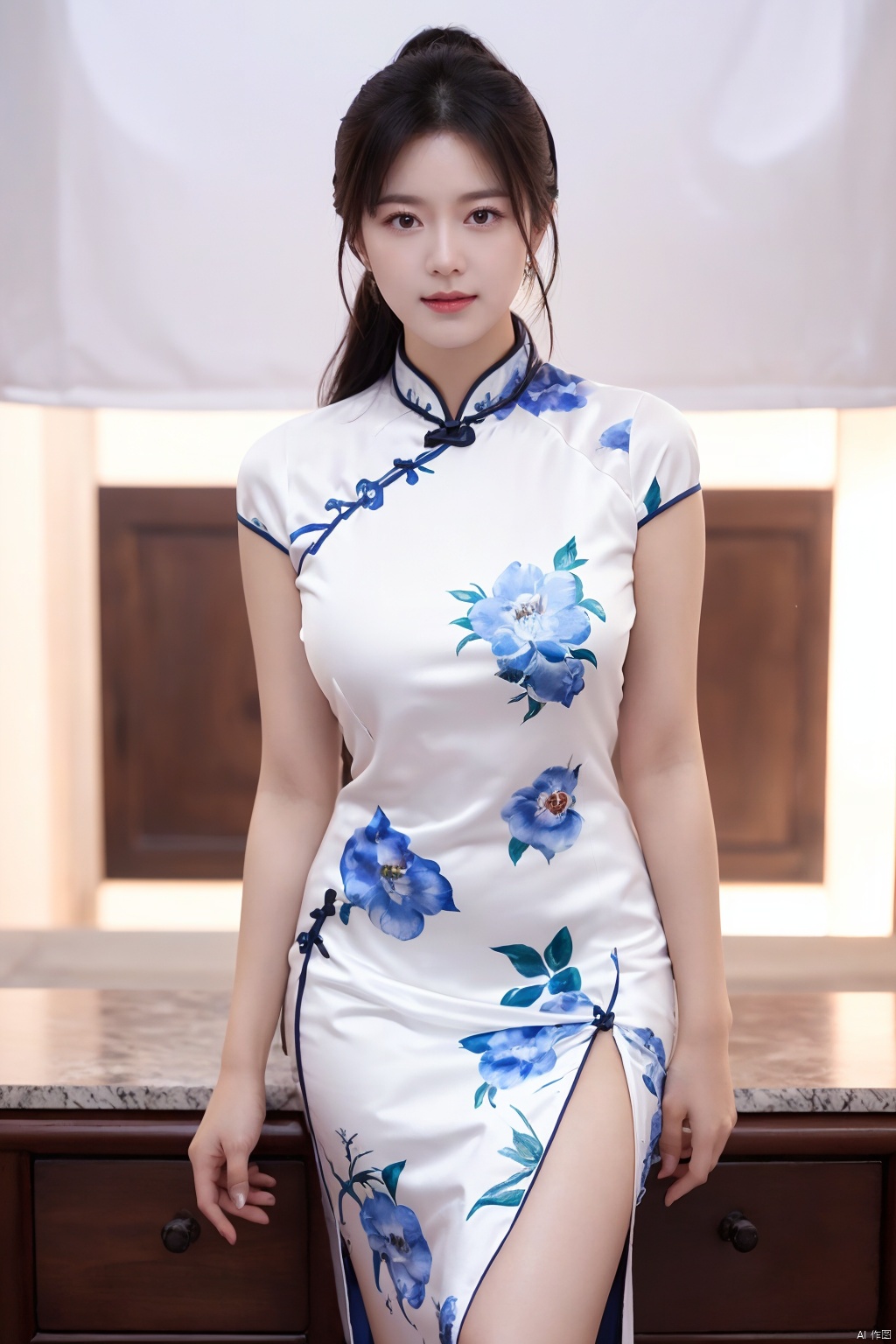  1girl,fair_skin,shiny_skin,white_marble_glowing_skin,curvy,long hair,makeup,flower-shaped pupils,big breasts,china_dress,print_cheongsam,chinese_style,huge filesize,wallpaper,real,available light,reality,realistic,simple_background, 1girl,moyou