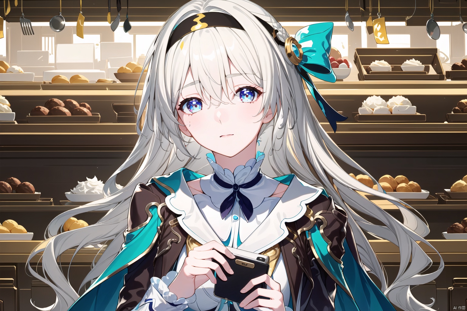 1girl, solo, long hair, looking at viewer, bangs, blue eyes, hair ornament, long sleeves, dress, holding, hair between eyes, closed mouth, white hair, hairband, food, indoors