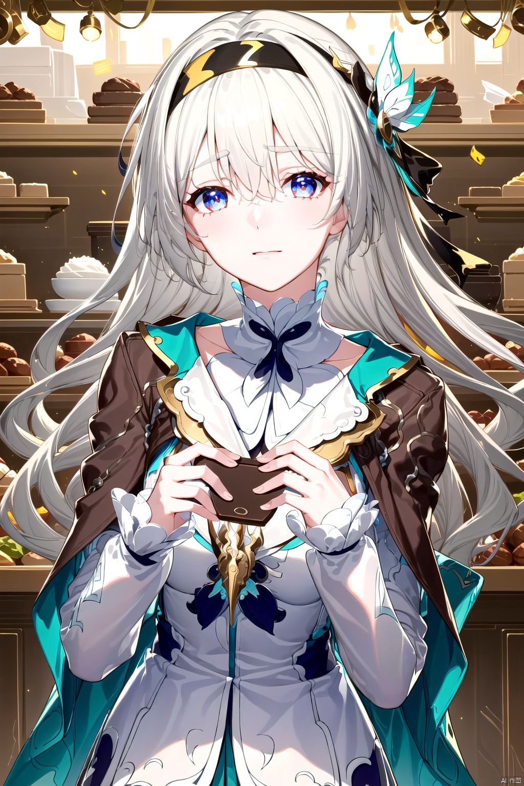 1girl, solo, long hair, looking at viewer, bangs, blue eyes, hair ornament, long sleeves, dress, holding, hair between eyes, closed mouth, white hair, hairband, food, indoors