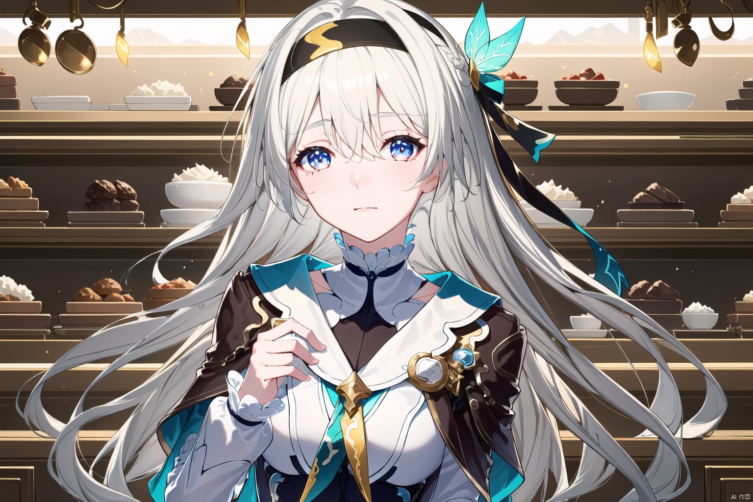 1girl, solo, long hair, looking at viewer, bangs, blue eyes, hair ornament, long sleeves, dress, holding, hair between eyes, closed mouth, white hair, hairband, food, indoors