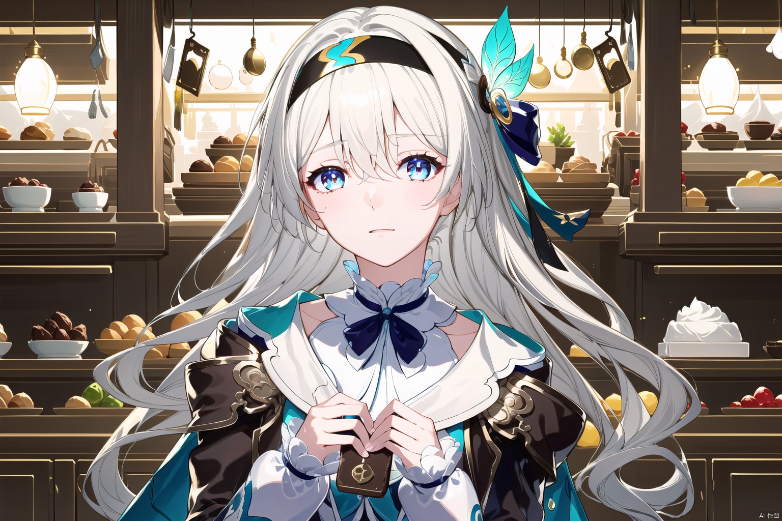 1girl, solo, long hair, looking at viewer, bangs, blue eyes, hair ornament, long sleeves, dress, holding, hair between eyes, closed mouth, white hair, hairband, food, indoors