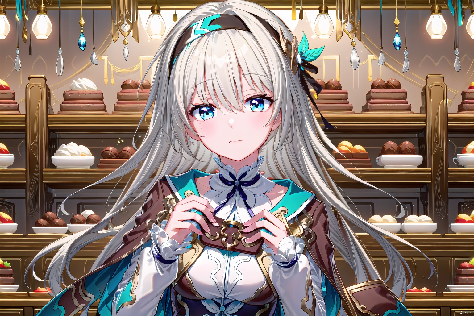 1girl, solo, long hair, looking at viewer, bangs, blue eyes, hair ornament, long sleeves, dress, holding, hair between eyes, closed mouth, white hair, hairband, food, indoors