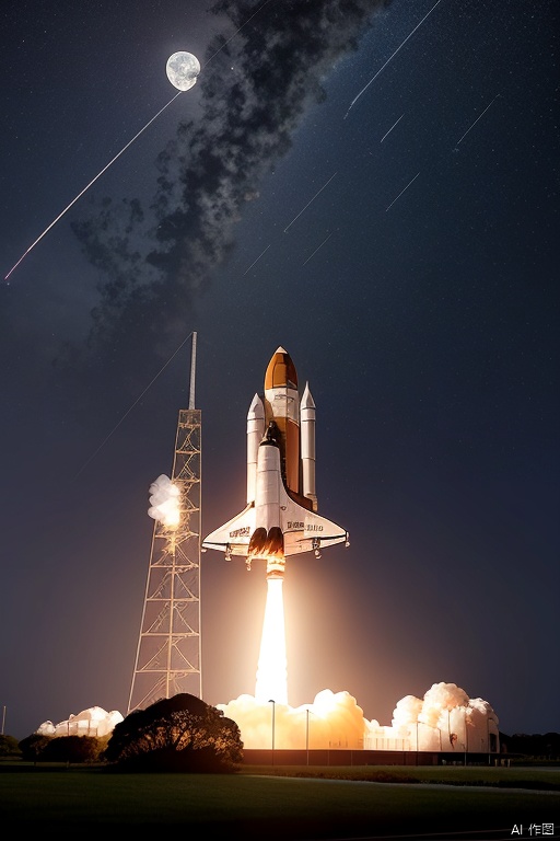 1 space shuttle is launching FROM The John F. Kennedy Space Center located on Merritt Island, Florida,, ((AT NIGHT TIME))magnificent flame and smoke, best quality, clear sky, MOON, STARS photorealistic, DonMPl4**4T3chXL ,Renaissance Sci-Fi Fantasy,EpicSky