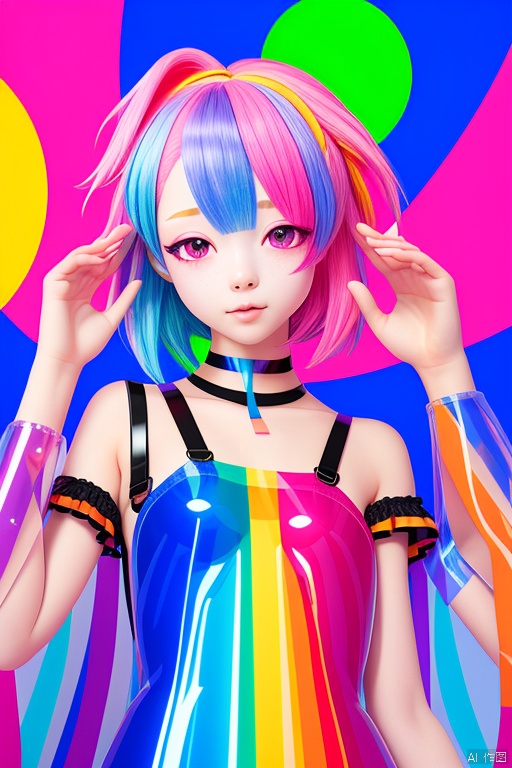 transparent color PVC clothing, transparent color vinyl clothing, prismatic, holographic, chromatic aberration, fashion illustration, masterpiece, girl with harajuku fashion, looking at viewer, 8k, ultra detailed, pixiv