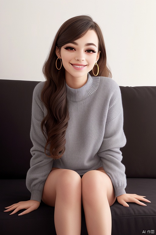 1girl, solo, long hair, earrings, jewelry, sitting, sweater, looking at viewer, head tilt, couch, hand between legs, very long hair, lips, wavy hair, between legs, brown hair, watermark, black hair, closed mouth, smile, artist name, brown eyes, grey background, black eyes, eyelashes