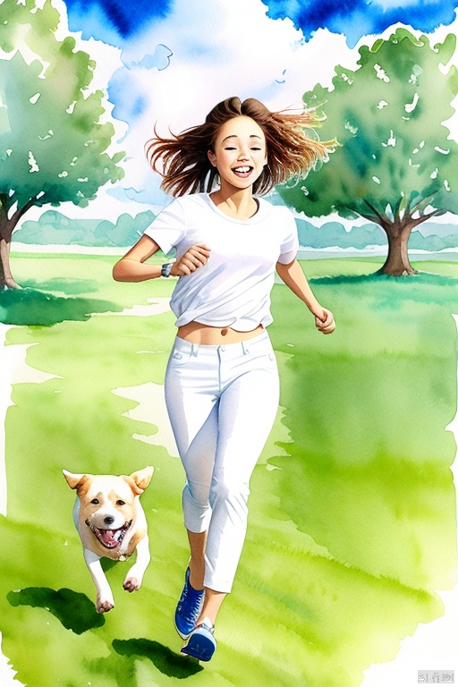 High quality, illustrations,watercolor:0.5, 1girl, the movement style, run, a dog, white shirt, white pants, one arm to wear sports watches, clouds, in the face of lens, the tree, the outdoors,cheerful candy \(module\),