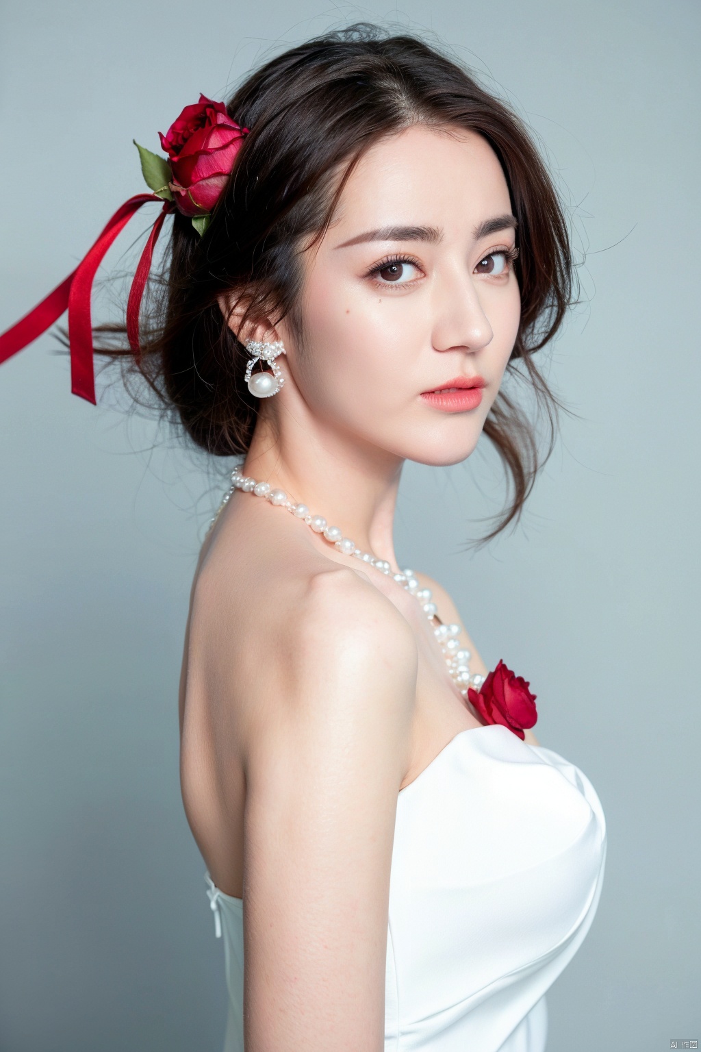  (masterpiece, 4k, best quality, highly detailed, 1girl, solo),1girl, jewelry, breasts, solo, earring, black hair, cleavage, dress, necklace, looking at viewer, flower, white dress, black flower, short hair, black rose, upper body, parted lips, rose, bangs, collarbone, grey background, medium breasts, black eyes, pearl necklace, large breasts, see-through, hair between eyes, brown eyes, blush, midjourney, Colorful portraits, 