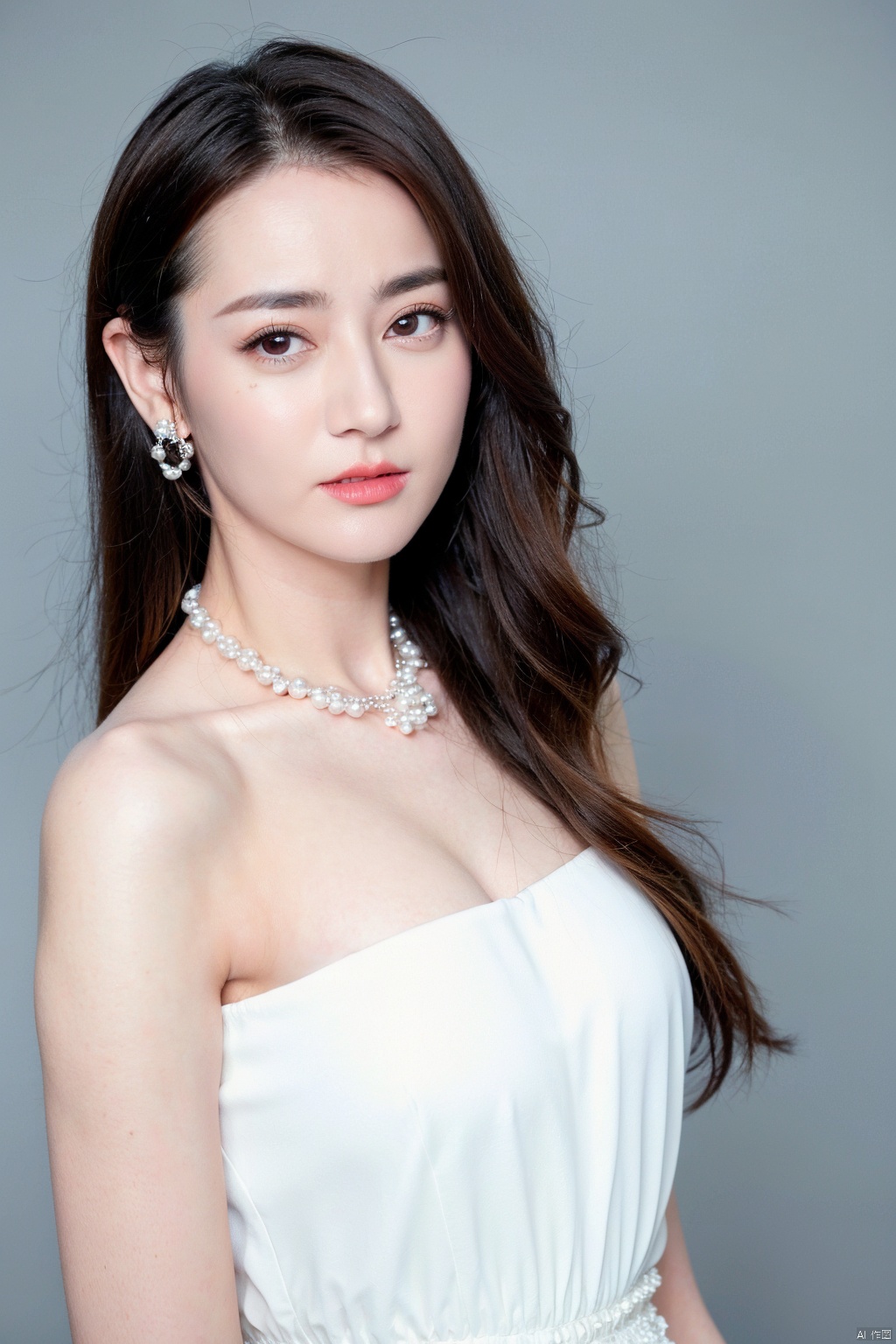  (masterpiece, 4k, best quality, highly detailed, 1girl, solo),1girl, jewelry, breasts, solo, earring, black hair, cleavage, dress, necklace, looking at viewer, flower, white dress, black flower, long hair, black rose, upper body, parted lips, rose, bangs, collarbone, grey background, medium breasts, black eyes, pearl necklace, large breasts, see-through, hair between eyes, brown eyes, blush, midjourney, Colorful portraits, , reba