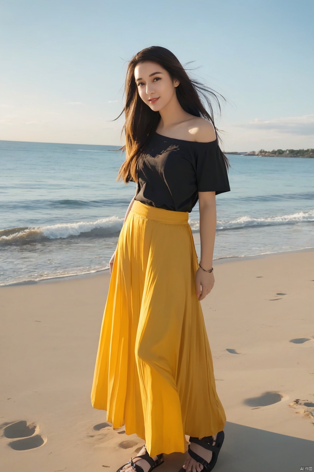 1girl, solo, long hair, looking at viewer, smile, skirt, brown hair, shirt, black hair, bare shoulders, standing, full body, short sleeves, outdoors, parted lips, sky, teeth, day, water, off shoulder, black footwear, lips, floating hair, shadow, ocean, watermark, beach, sandals, sunlight, blue shirt, wind, walking, sunset, long skirt, realistic, nose, sand, arms at sides, sun, horizon, off-shoulder shirt, yellow skirt, shore