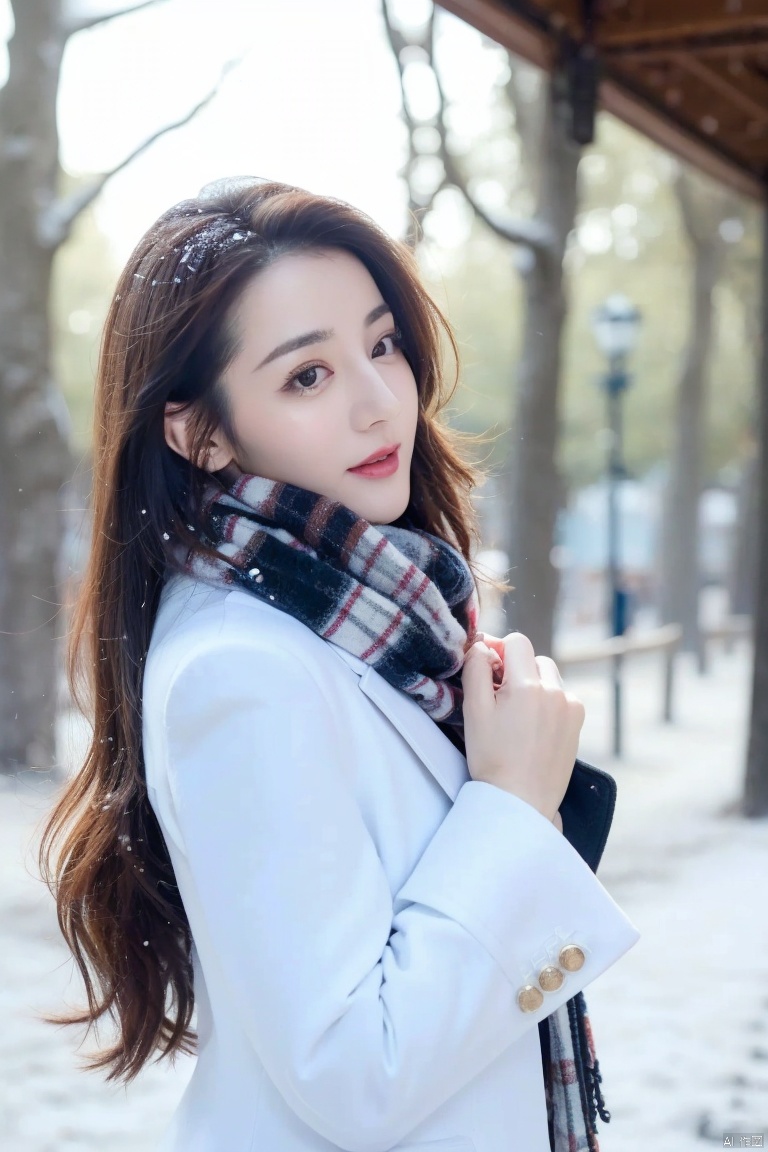  (masterpiece, best quality:1.2),Highly detailed,a woman,(snow:1.2),(snowing:1.2),snow,solo,scarf,long hair,smile,brown hair,bokeh,realistic,coat,blurry,, jiaxin, xiaoxue, 040, amei, yangyang, wawa, fanfan, jiayu, lichun, reba