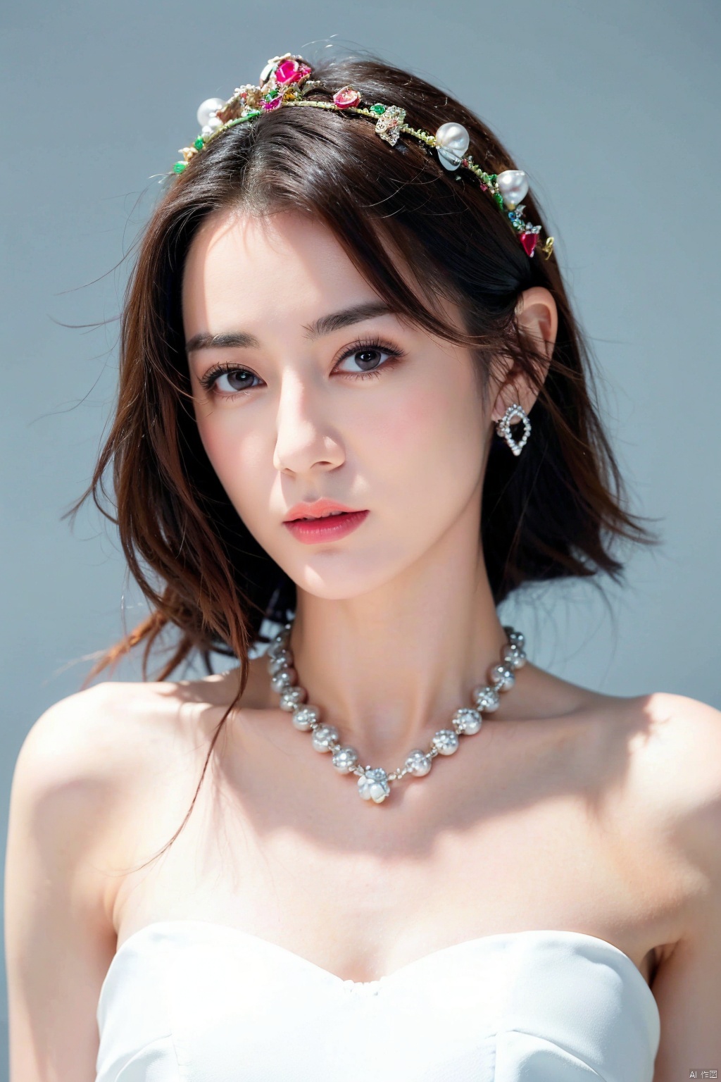  (masterpiece, 4k, best quality, highly detailed, 1girl, solo),1girl, jewelry, breasts, solo, earring, black hair, cleavage, dress, necklace, looking at viewer, flower, white dress, black flower, short hair, black rose, upper body, parted lips, rose, bangs, collarbone, grey background, medium breasts, black eyes, pearl necklace, large breasts, see-through, hair between eyes, brown eyes, blush, midjourney, Colorful portraits, 