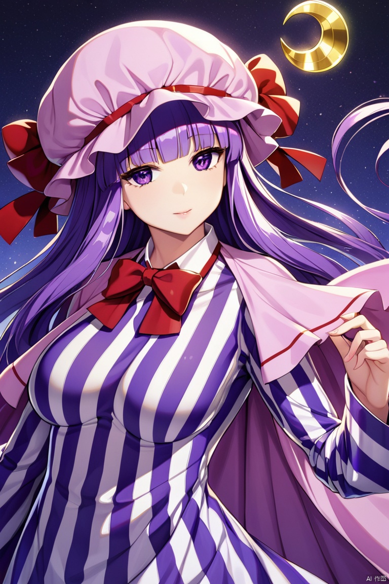  solo,masterpiece,best quality,
knowledge_touhou, patchouli_knowledge_touhou, 1girl, long_sleeves, striped_dress,capelet