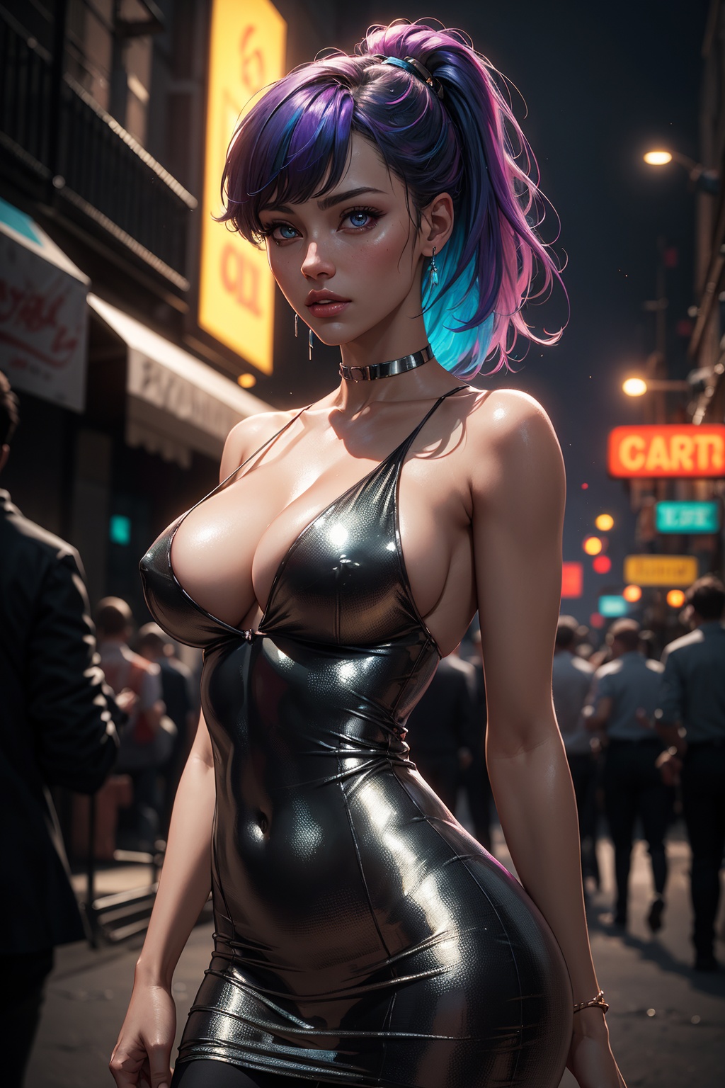 rainbow hair,  wearing metallic iridescent dress,  skin-tight on Tensor.Art
