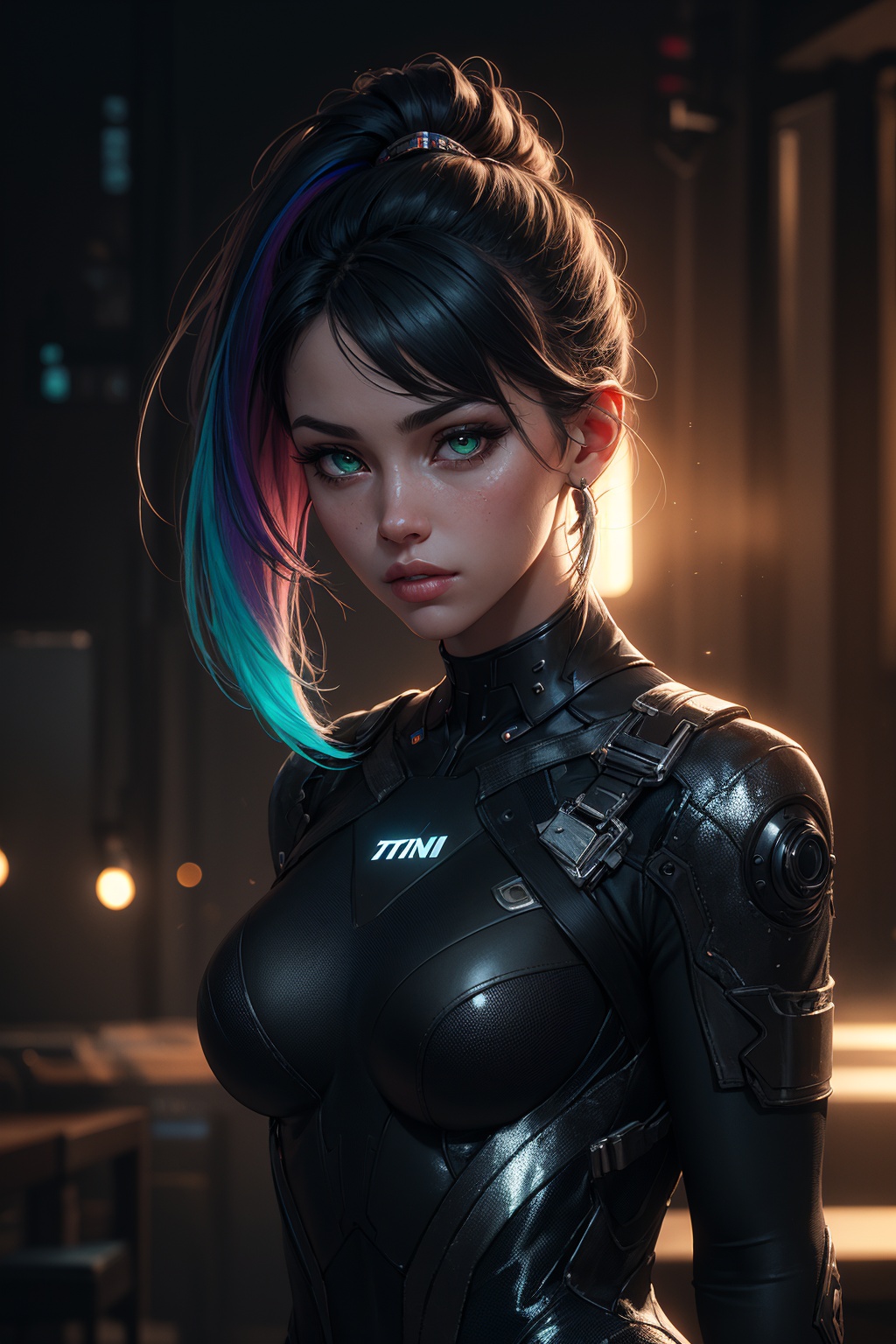 rainbow hair,  wearing metallic iridescent dress,  young round cute face on Tensor.Art
