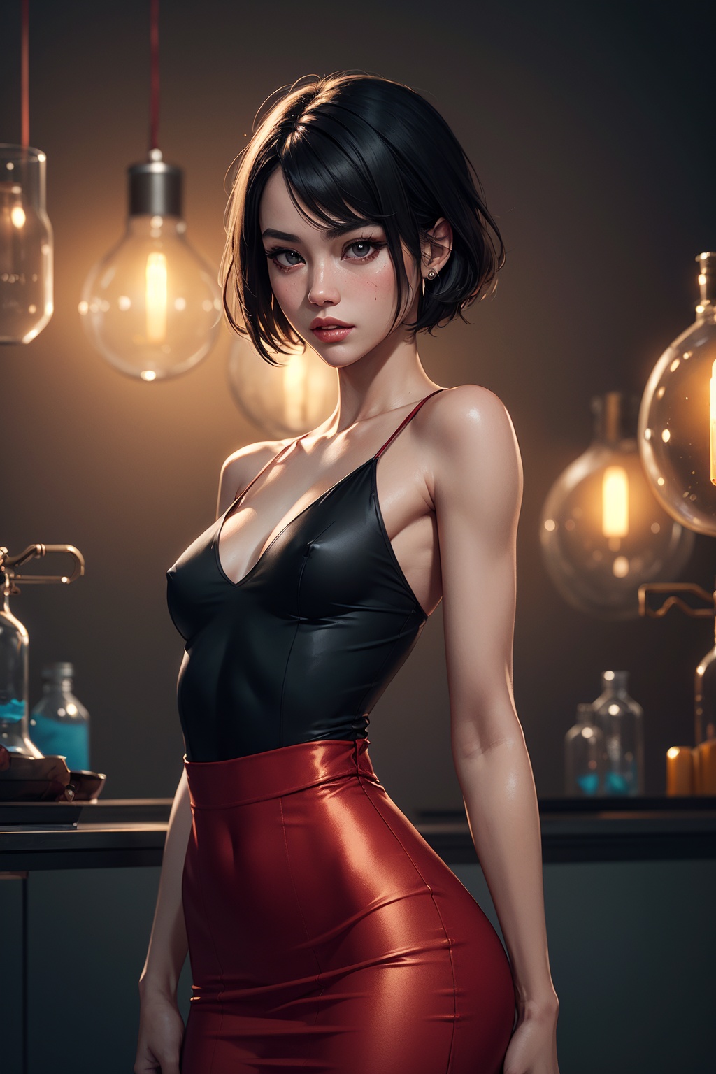 Black hair,  (wearing red long skirt bodycon midi dress,  red metallic dress on Tensor.Art