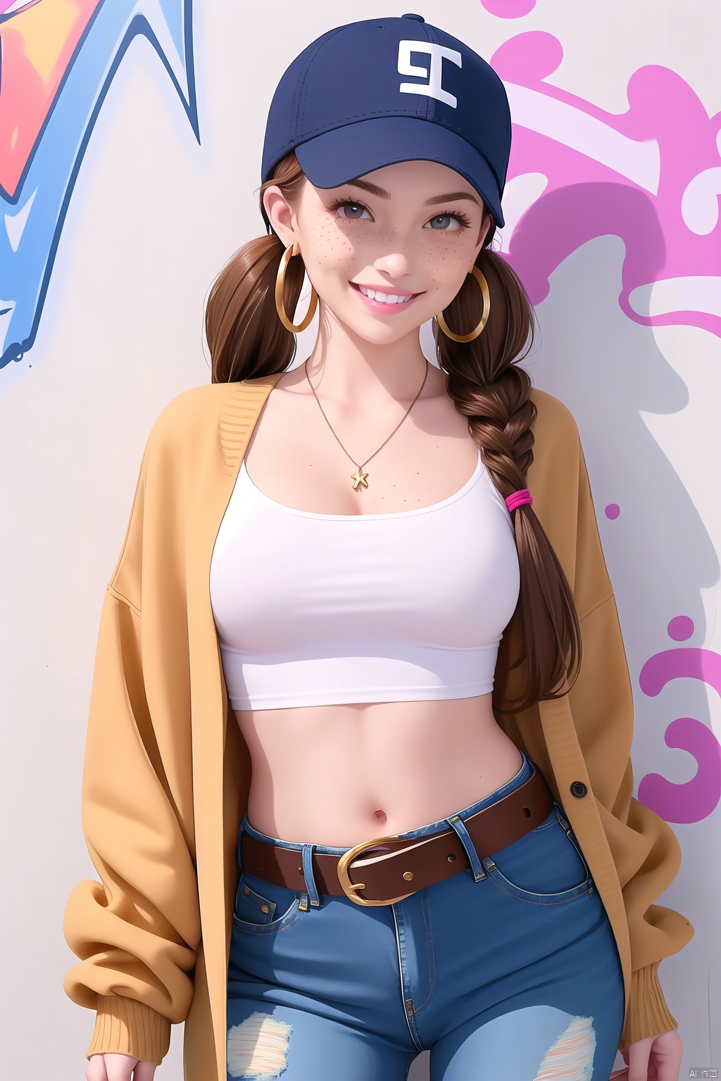 1girl, solo, long hair, breasts, looking at viewer, smile, brown hair, shirt, long sleeves, hat, navel, twintails, brown eyes, jewelry, medium breasts, standing, cowboy shot, earrings, parted lips, teeth, midriff, belt, pants, sweater, lips, crop top, torn clothes, black headwear, low twintails, denim, clothes writing, freckles, jeans, hoop earrings, torn pants, graffiti