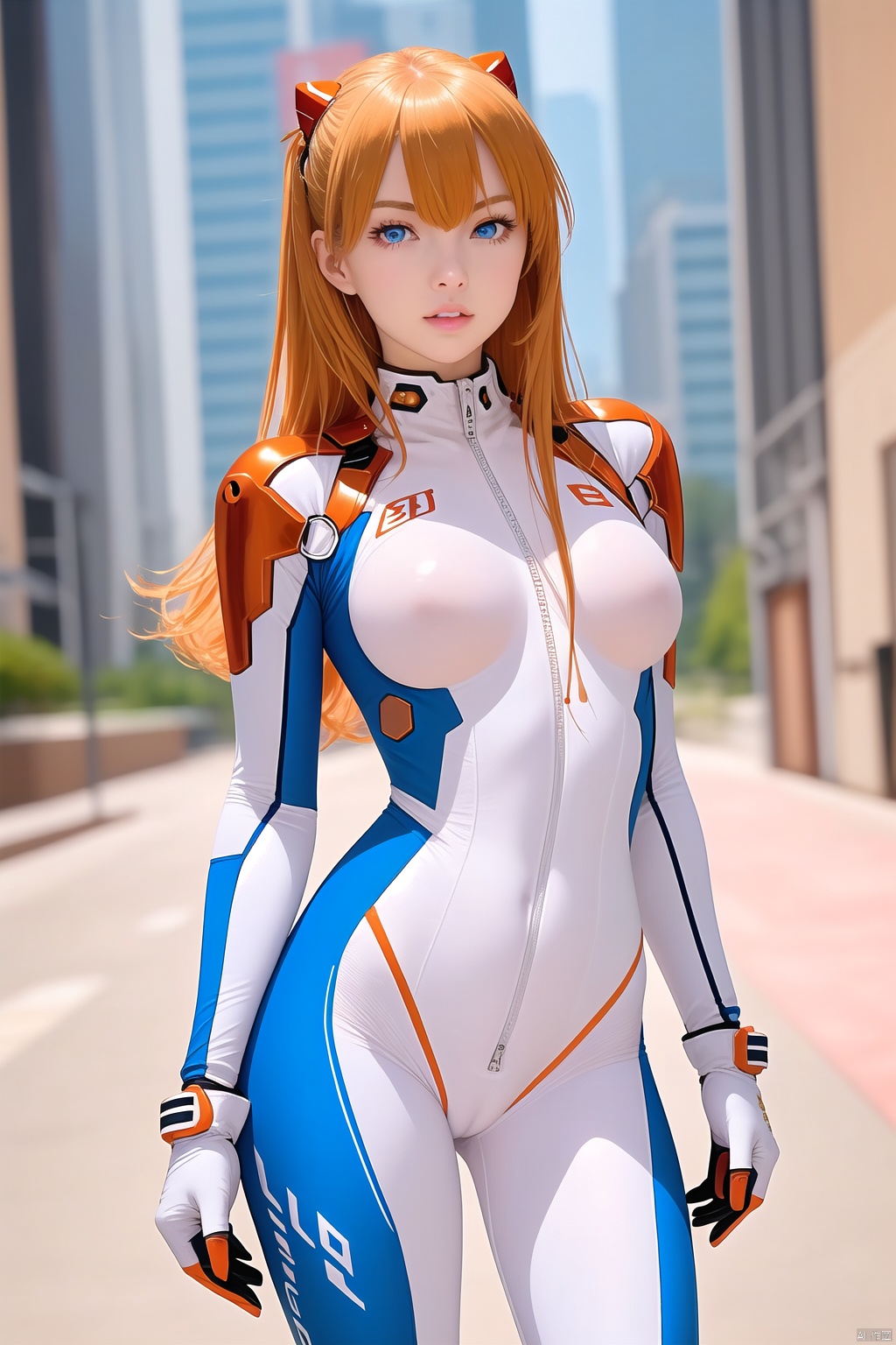  1girl, solo, long hair, breasts, looking at viewer, bangs, blue eyes, hair ornament, gloves, medium breasts, closed mouth, standing, cowboy shot, small breasts, artist name, white gloves, orange hair, blurry, lips, bodysuit, blurry background, skin tight, zipper, realistic, arms at sides, plugsuit, white bodysuit, souryuu asuka langley