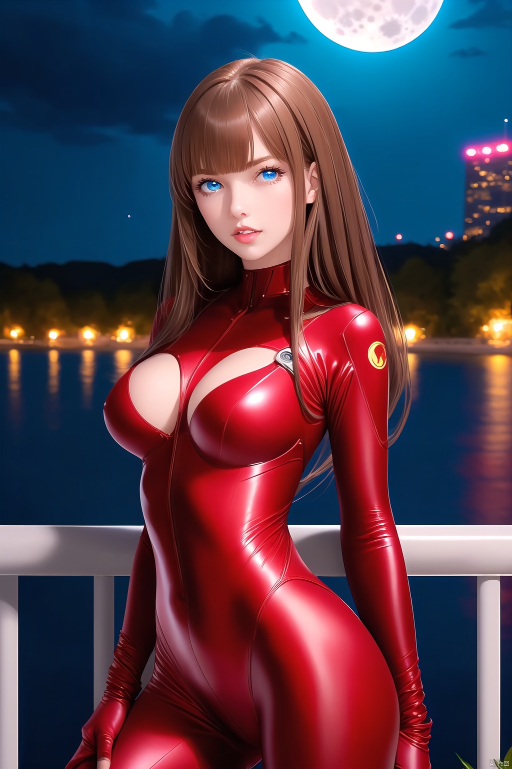  1girl, solo, long hair, breasts, looking at viewer, bangs, blue eyes, brown hair, hair between eyes, medium breasts, red hair, outdoors, parted lips, sky, lips, bodysuit, night, floating hair, moon, night sky, full moon, railing, plugsuit, red bodysuit