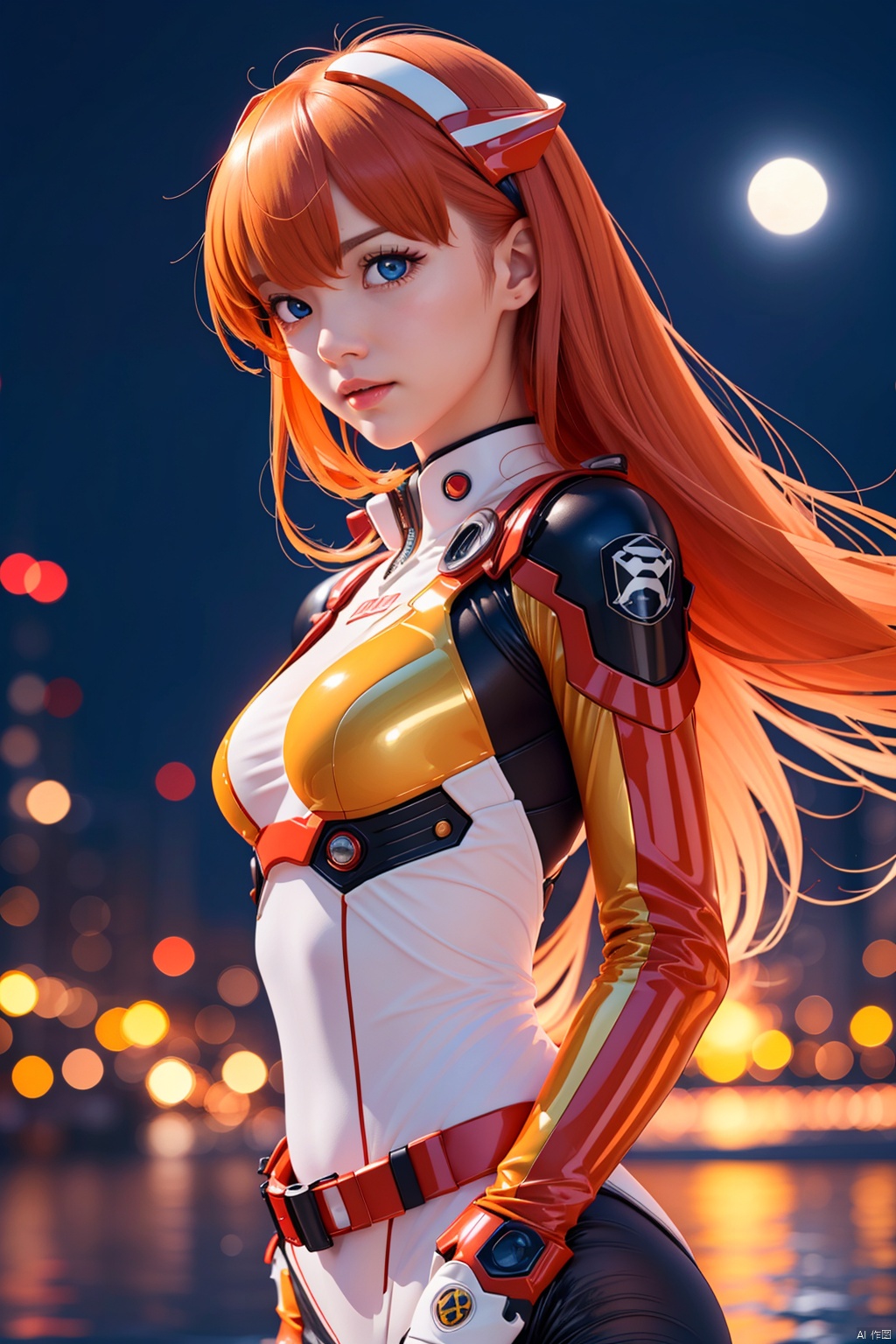  nijiMecha,lora:nijiMecha:0.85,(best quality, masterpiece, colorful, dynamic angle, highest detailed)(Asuka Langley),upper body photo,fashion photography of cute red long hair girl (Asuka Langley),dressing high detailed Evangelion red suit (high resolution textures),in dynamic pose,bokeh,(intricate details, hyperdetailed:1.15),detailed,moonlight passing through hair,perfect night,(fantasy art background),(official art, extreme detailed, highest detailed),HDR+
