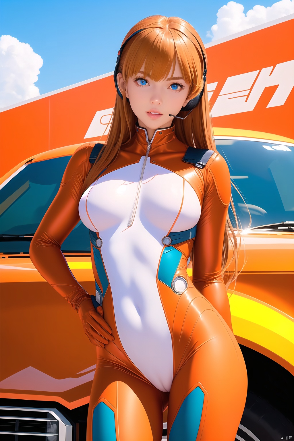 1girl, solo, long hair, breasts, looking at viewer, bangs, blue eyes, hair ornament, medium breasts, standing, cowboy shot, outdoors, parted lips, sky, solo focus, orange hair, lips, head tilt, bodysuit, covered navel, night, ground vehicle, building, skin tight, motor vehicle, contrapposto, car, road, pilot suit, plugsuit, street, red bodysuit, interface headset, multicolored bodysuit, souryuu asuka langley