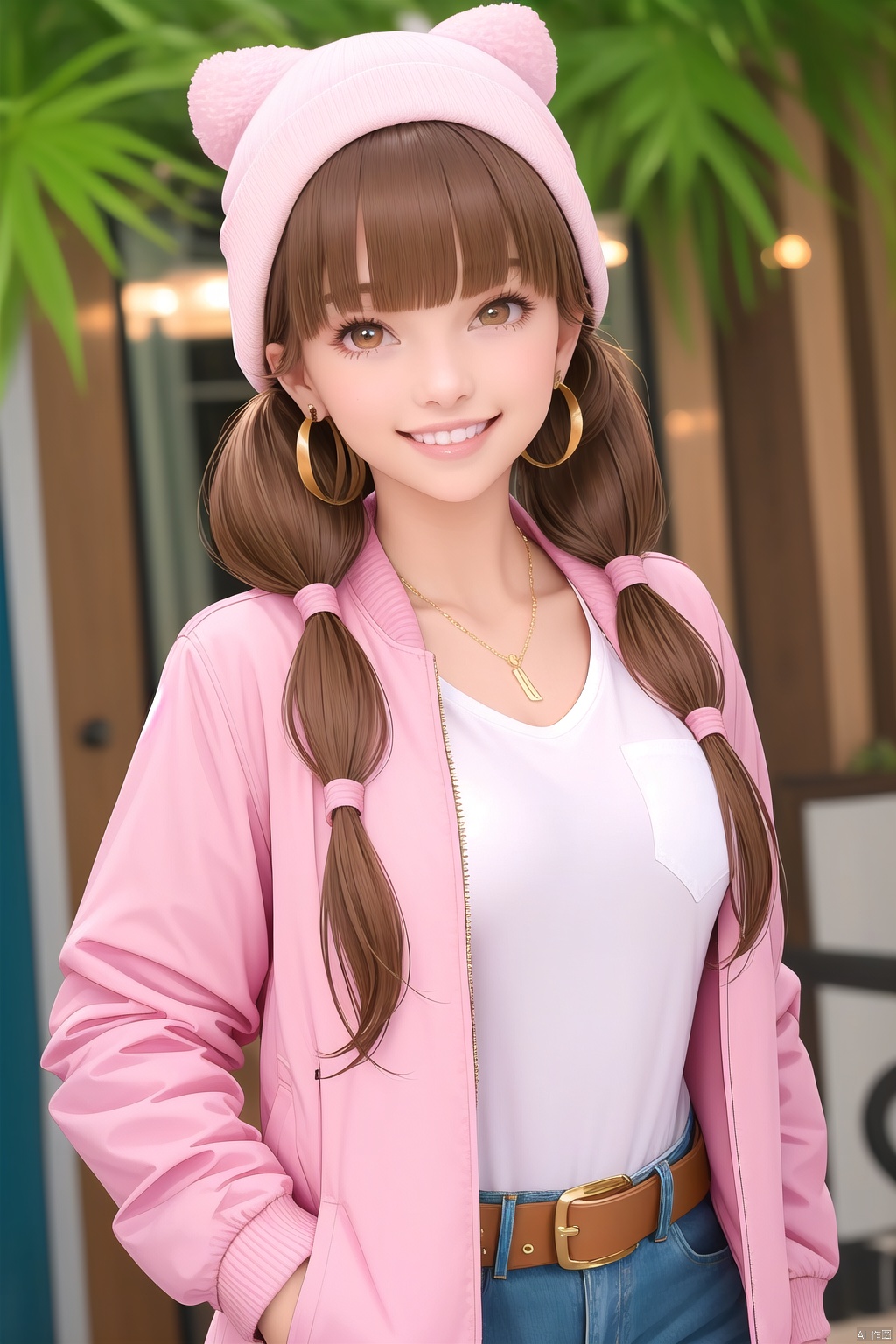 1girl, solo, long hair, looking at viewer, smile, bangs, brown hair, long sleeves, hat, twintails, brown eyes, jewelry, jacket, upper body, earrings, parted lips, open clothes, teeth, belt, blunt bangs, open jacket, lips, low twintails, white headwear, denim, pocket, beanie, pink jacket
