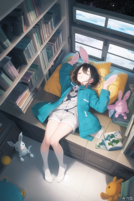 art by yaguru magiku,  dreamy, full body
(((masterpiece)), (((best quality))), ((ultra-detailed)), ((illustration)), 1girl,,aqua theme,black hair,blinking,blue jacket,book,bookshelf,closed mouth,color edtips,constel lation,flat color,holding,holding wand,jacket,looking up,lying,malefocus,multicolored hair,noline art,orange hair,orbital path,planet,shirt,short hair,sitting,solo,space,spacestation,spacecraft interior,starwand,stuffedanima,stuffed bunny,stuffed toy,tele scope,utaite(singer),wand1,whitefootwear,whiteshirt)