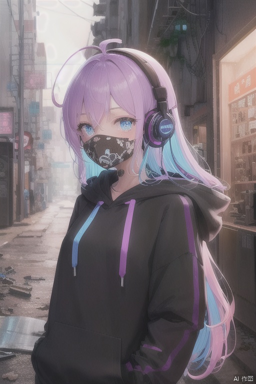 art by Cornflower, dreamy,
(detailed 8k wallpaper,In a dilapidated alley,girl focus,A girl,multicolored hoodie,mouth mask,ahoge,crystal pink_hair,glowing eyes,blue_eyes,cyberpunk,Sci-fi city, kowloon,detailed background,intricate detail,finely detailed,highres,Red light,Blue light,Purple light,behind-the-head headphones,)
