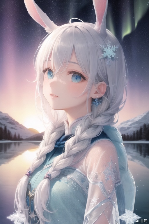 art by Cornflower, dreamy
(original, (masterpiece), (illustration:1.1), (detailed and beautiful), (perfect details), (unity CG 8K wallpaper:1.05), (beautiful and clear background:1.25), (depth of field:0.75), (1 (cute young girl:0.9) with long silver hair, ((snowflake:0.4) head ornament on hair:1.1) and (rabbit ears:1.1) stands aside the (frozen lake with (forest and mountain:1.1):1.35) under the (sunset:1.2) in the (winter:0.65):1.1). (detailed beautiful eyes:1.2), (beautiful face:1.2), (hair blowing with the wind:1.05), (blue eye:1.1), solo, (snow:0.4), aurora, stars.)