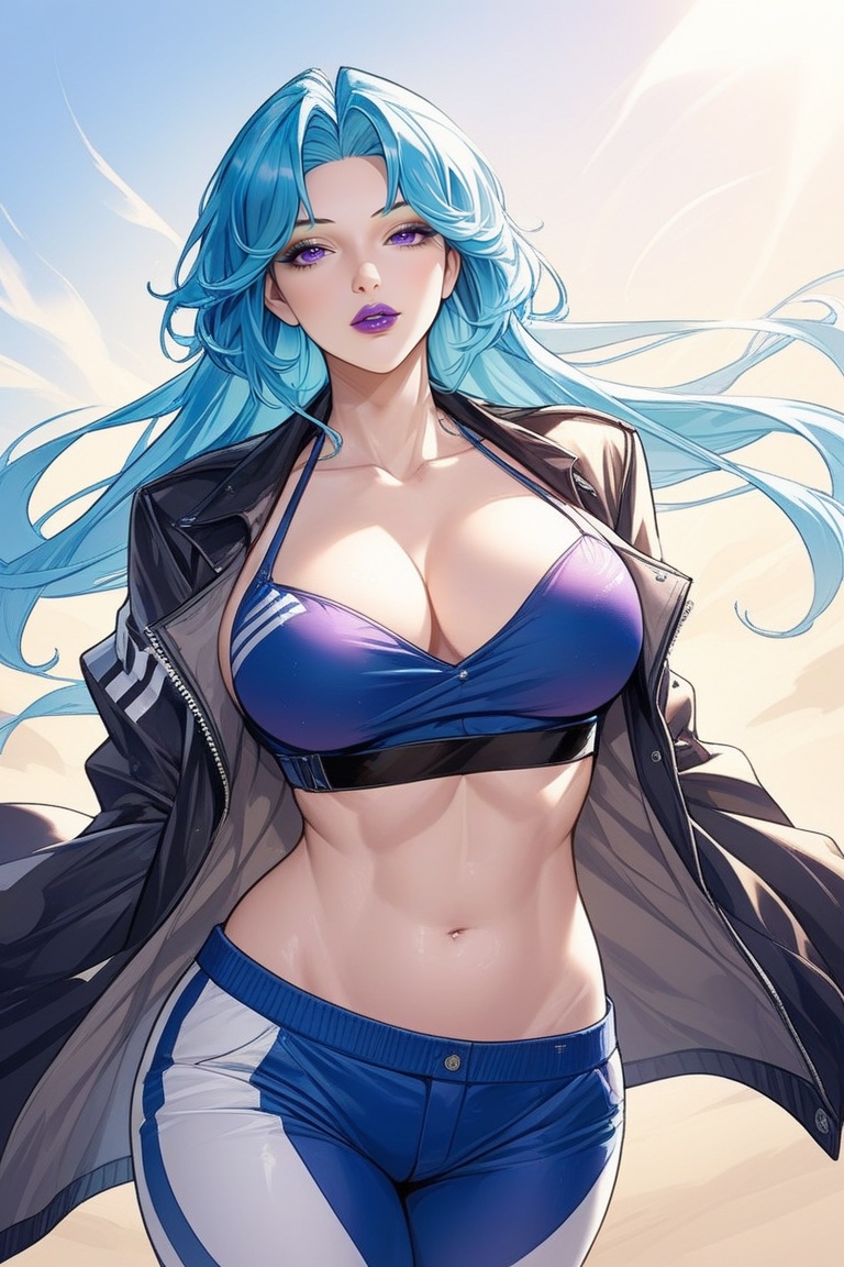 A confident and alluring 30-year-old woman with striking blue eyeliner,  a curvy figure,  ABS on Tensor.Art